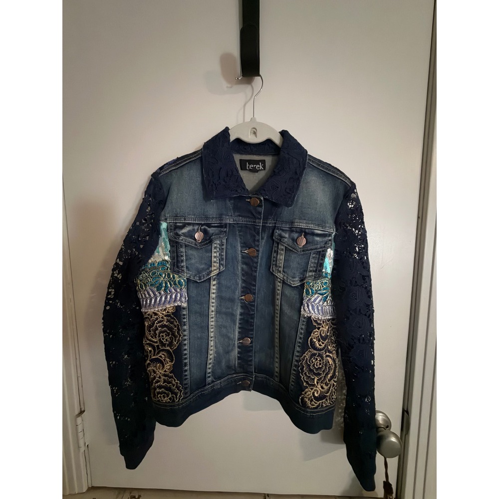 Berek Denim Jacket Petite Small PS Blue Lace Sleeve Sequin Embroidered Floral